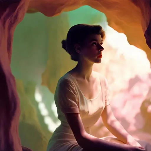 Prompt: A woman from 1960 in pastel cave, dreamlike lighting realistic.