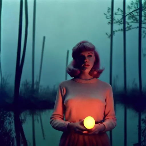 Prompt: 1960 retro pastel lighting, 1960s woman in a swamp at night. Fog. 