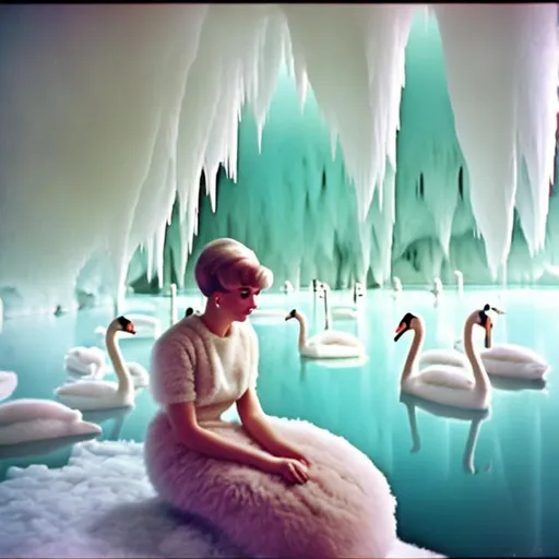 Prompt: 1960s woman peering into pastel ice cave filled with swans.