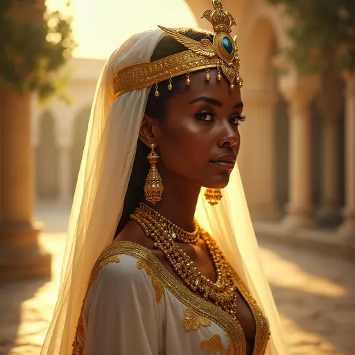 Prompt: "An Ethiopian Queen of Sheba as King Solomon’s wife — radiant, regal, and wise. Dark glowing skin, high cheekbones, almond-shaped deep brown eyes, adorned with golden jewelry and a majestic crown inspired by ancient Axumite and biblical styles. She wears a flowing white and gold traditional Ethiopian dress with intricate embroidery. The background shows Jerusalem's palace gardens with olive trees, doves, and golden sunlight filtering through arches. A soft divine glow surrounds her as she looks both powerful and graceful, embodying mystery and prophecy."
I want the queen to rule