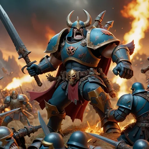 Prompt: (High-octane) Warhammer scene, epic battle depiction, vibrant colors, intense atmosphere, intricate detail, displaying iconic Warhammer characters and vehicles, detailed weaponry, stark contrast, dynamic action poses, tumultuous background landscapes, fantastical grim-dark aesthetic, vast battlefield, mythical elements, ultra-detailed, craftsmanship in armor and designs, compelling narrative energy, heroic and villainous figures clashing in a fierce struggle.