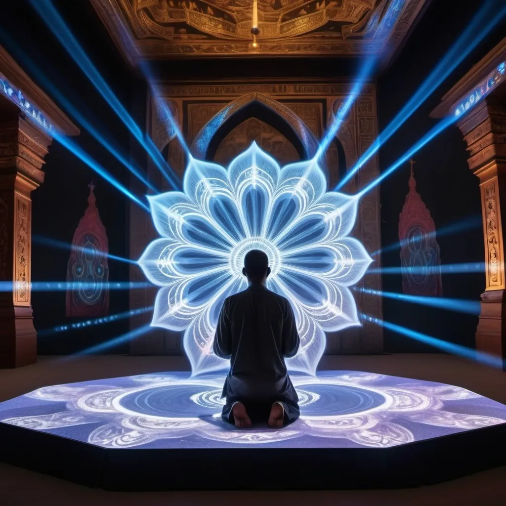 Prompt: a person on there knees at a religious ceremony incorporate holographic projections blending traditional practices with cutting-edge technology to create immersive spiritual experiences.