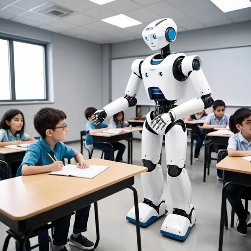 Prompt: an image depicting a robot teaching robot students