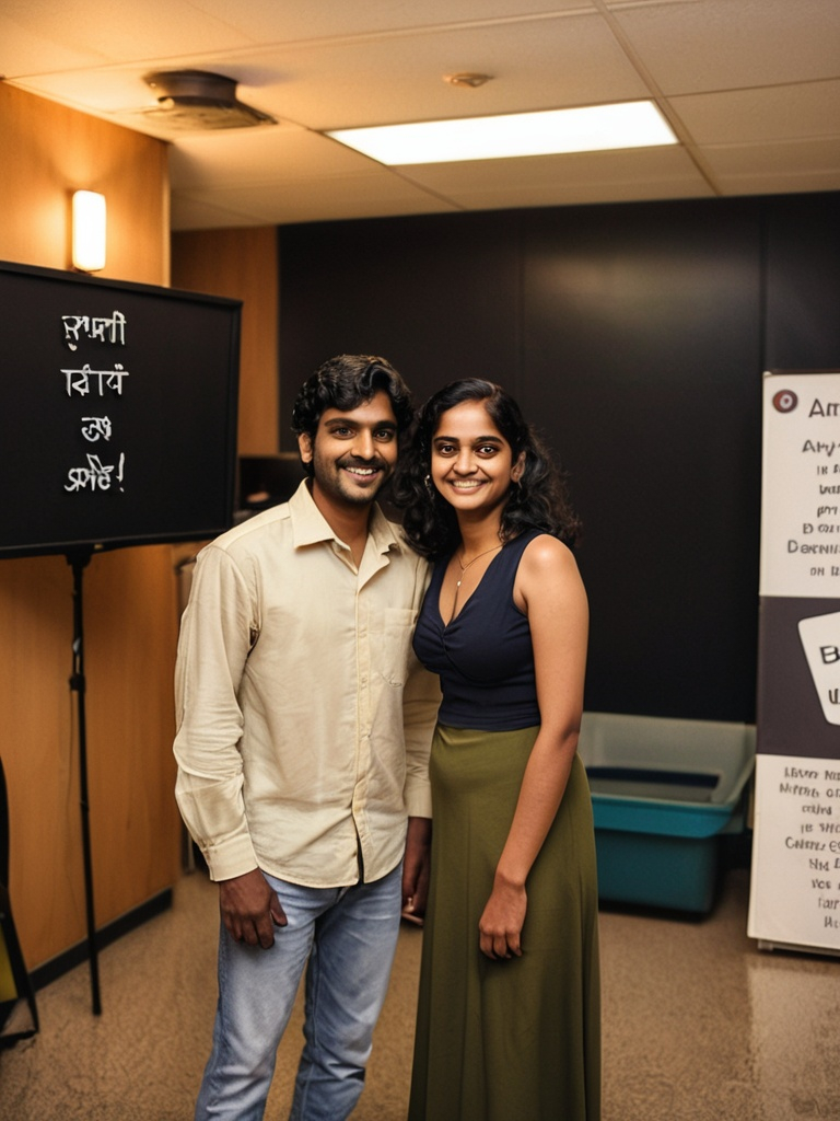 Prompt: a man and a woman standing in a room together smiling for the camera, with a sign in the background, Anthony Devas, samikshavad, jayison devadas, a photocopy