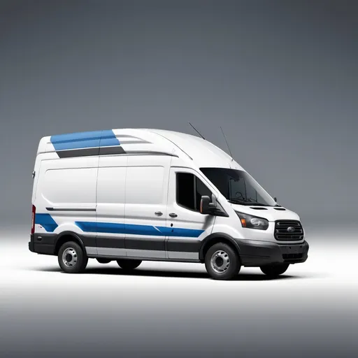 Prompt: Ford Transit 2024 High Roof Extended passenger Van, white paint, blue, gray and black, minimialistic wrap design for publicity