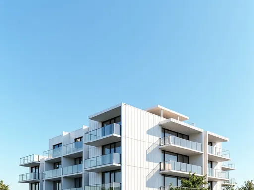 Prompt: A modern apartment building stands prominently against a clear blue sky, showcasing a sleek architectural design with a combination of smooth white surfaces and subtle vertical paneling. The building features several large balconies with transparent glass railings, allowing for an unobstructed view of the surroundings. Natural light reflects off the large windows, emphasizing the contemporary style and spaciousness of each unit. The arrangement of the windows creates a rhythmic pattern on the façade, adding visual interest to the structure and conveying a sense of elegance and functionality. The overall scene exudes a feeling of tranquility and modern living in a vibrant urban landscape.