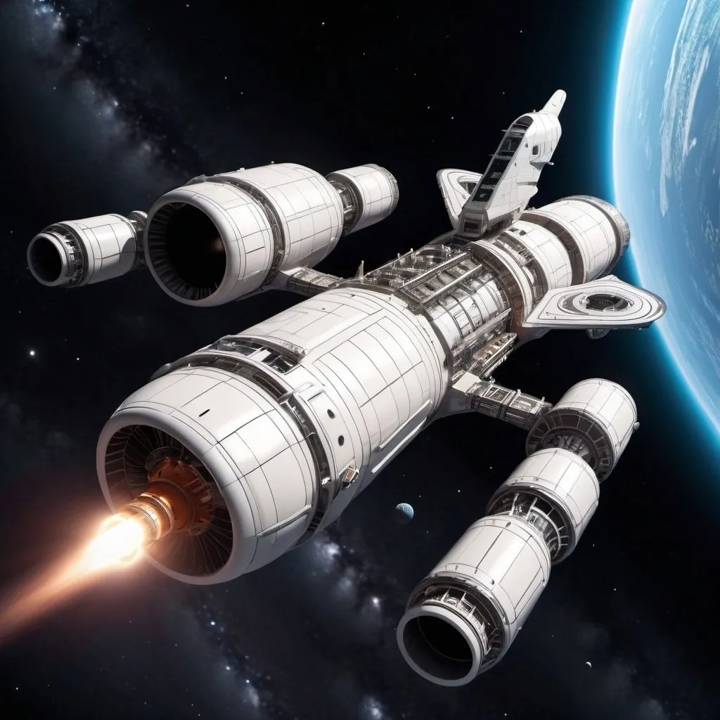 Prompt: large, long cylindrical spaceship with two
 engines in space , CGI style