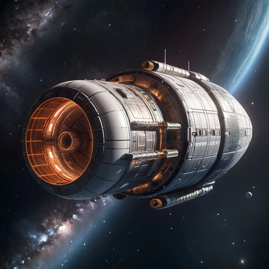 Prompt: large cylindrical spaceship in space , CGI style