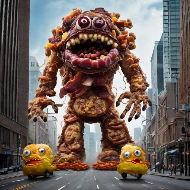 Prompt: Ginourmous monster with body parts made out of fried eggs, bacon, baked beans and hash browns terrorising a city