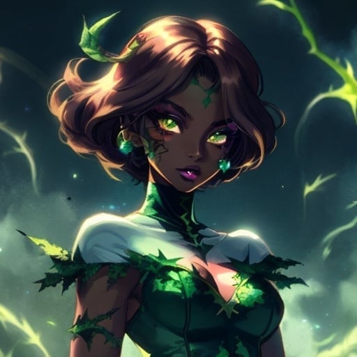 Prompt: african-american DC Poison Ivy as a magical girl, short and straight brown hair, dark skin, perfect face, comics style, green colors, bright green eyes, magic, wind, spell