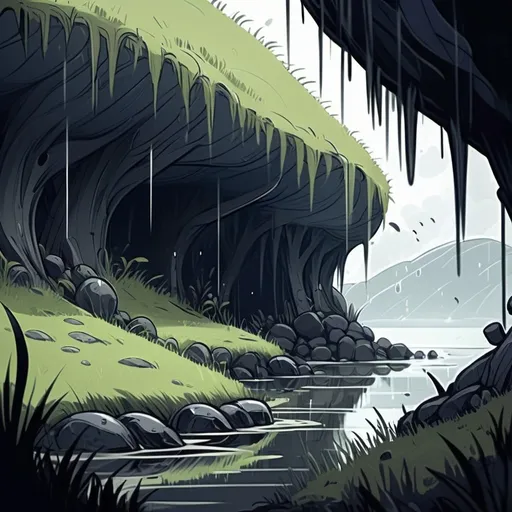 Prompt: Rainy, gloomy, grassy seashore location , sketch/concept art, Hollow Knight graphic style