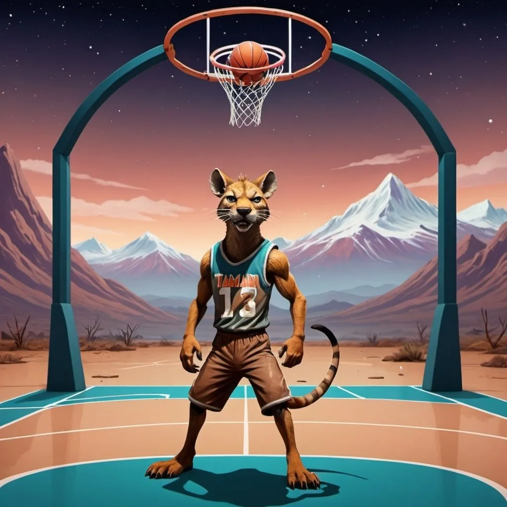 Prompt: A messed up basketball court with a hoop and faded brown mountains in the back. with a Tasmanian tiger in a heroic stance and galactic colors.
