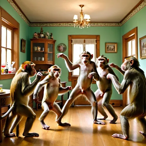 Prompt: Party in a house and monkeys dancing 