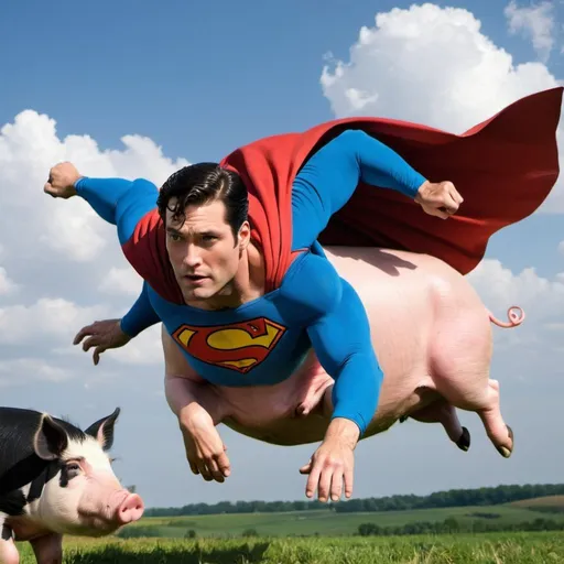 Prompt: Superman flying into a pig 