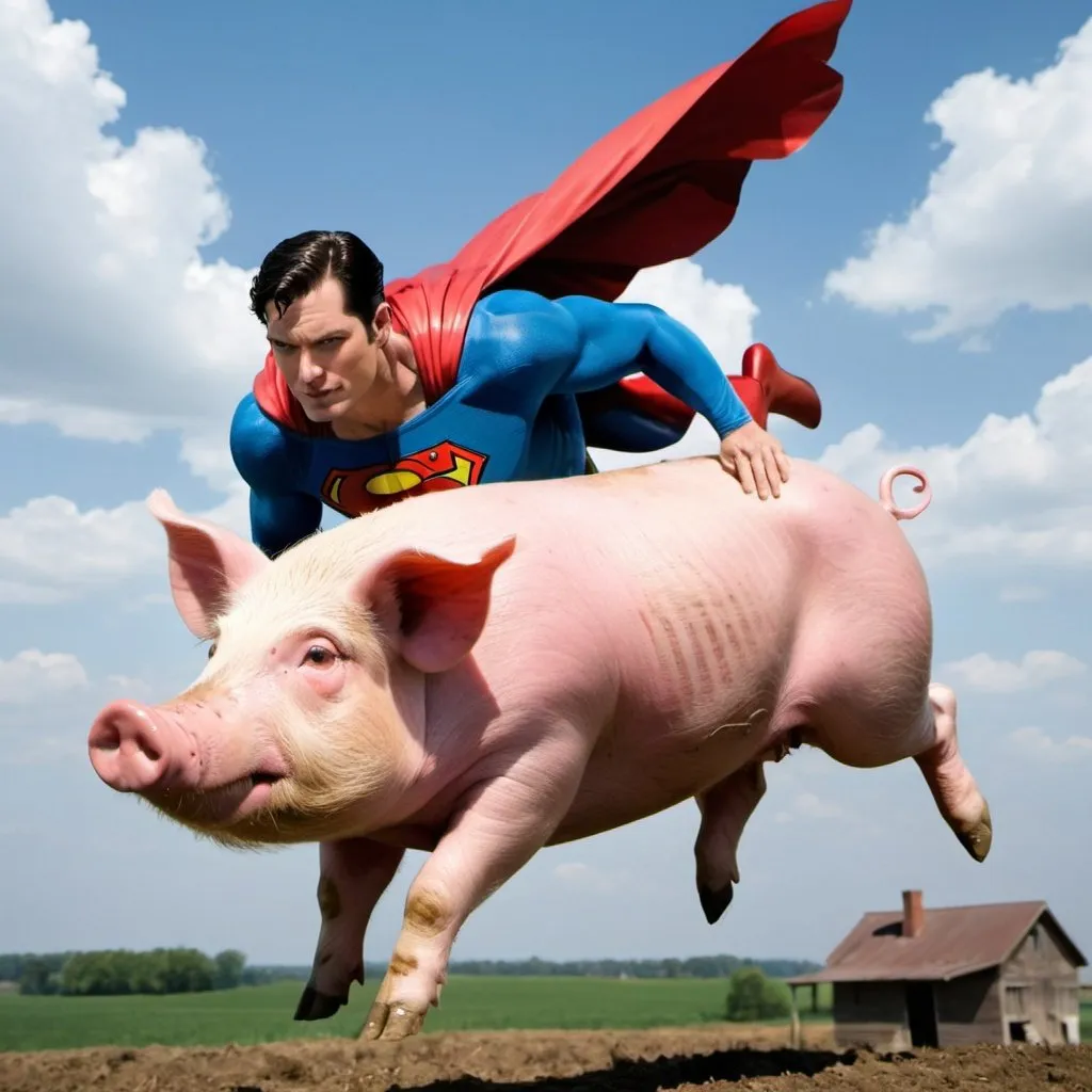 Prompt: Superman flying into a pig 