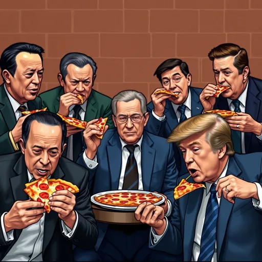 Prompt: Lula, Bolsonaro, Flavio Dino, Alexandre de Moraes, Donald Trump e Elon Musk, todos comendo pizza