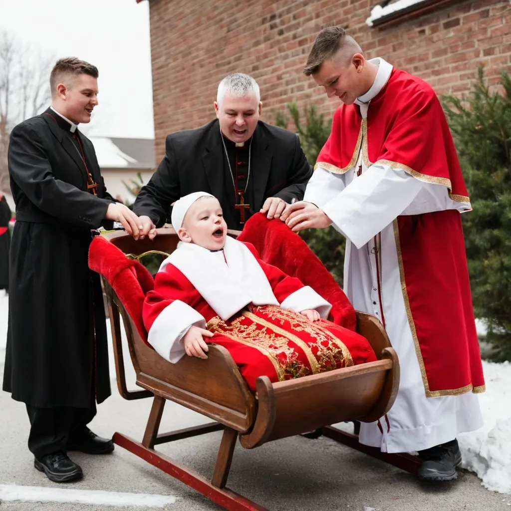 Prompt: little boys being in a sleigh being given to a priest