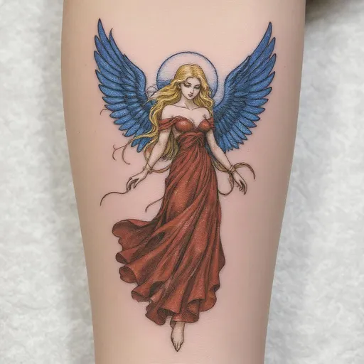 Prompt: Make the hair blonde, add blue shading to the wings and red shading to the dress