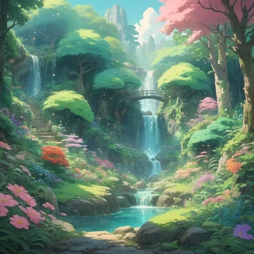 Prompt: Beautiful Studio Ghibli-style animated landscape, lush greenery and vibrant flowers, magical glowing forest, whimsical creatures, picturesque waterfalls, painterly style, soft pastel color palette, enchanting lighting, high quality, detailed, fantasy, whimsical, magical, lush greenery, vibrant colors, picturesque, painterly, soft pastel, enchanting lighting