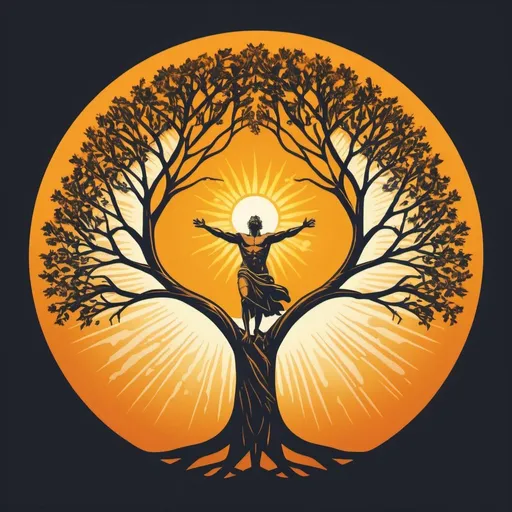 Prompt: A logo that showcases the sun surrounded by the wide-reaching branches of a solitary tree. It carries a divine and mythical essence, portraying a man perched on a branch, looking skyward, all rendered in vector art style.



