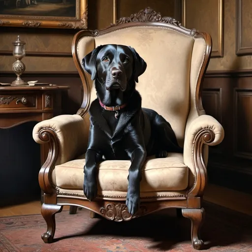 Prompt: Image of a black lab sitting in Whistler's mothers chair