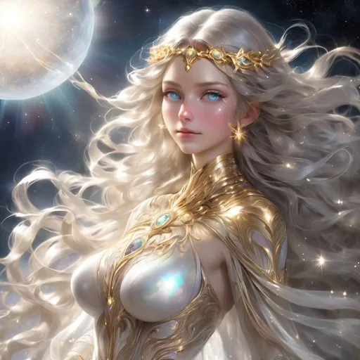 Prompt: Eloira, the Titan of Light, Good, and Life, is a being of radiant beauty and enigmatic allure, subtle hints of an eldritch nature, in space, full body

Her skin shimmers with an iridescent sheen, like polished mother-of-pearl, and her eyes, pools of liquid starlight, hold a depth of wisdom and compassion that seems to peer into the very essence of one's soul. Her hair, a cascade of shimmering silver and gold, flows and undulates as if imbued with a life of its own, each strand a shimmering thread of pure light.