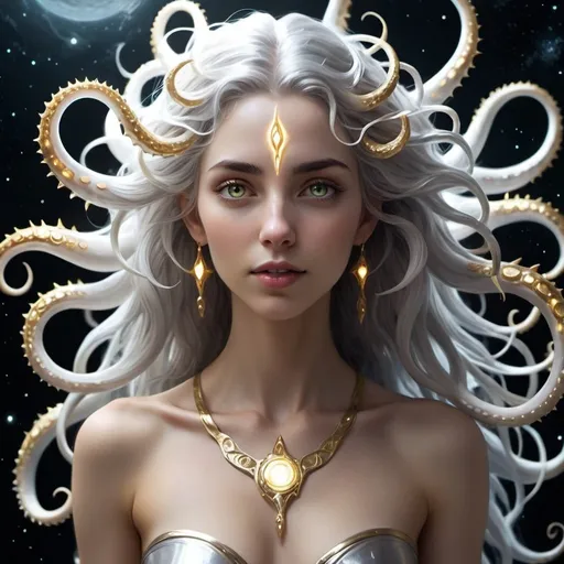 Prompt: Eloira, God of Light, Good, and Life, is a radiant being of enigmatic allure. Her laughter is like a chorus of wind chimes. Her form shifts between a humanoid shape wreathed in eldritch tendrils and a blinding radiance that illuminates the cosmos. Her skin shimmers like mother-of-pearl, and her eyes, pools of liquid starlight, hold a depth of wisdom and compassion. Her hair, a cascade of silver and gold, flows and undulates as if imbued with a life of its own. Eloira's features are delicate, yet her strength and resilience speak to her role as a guardian of life and goodness. Subtle hints of her eldritch nature manifest in the gentle glow of her skin, the otherworldly flash in her eyes, and the way her form shimmers and blurs, tons of tendrils and tentacles. Despite her unknowable power, Eloira's presence is overwhelmingly positive and reassuring. She is a beacon of hope and goodness in a universe often marked by darkness and despair, her radiant beauty a testament to the enduring power of life and light. full body, in space, big spiky mouth