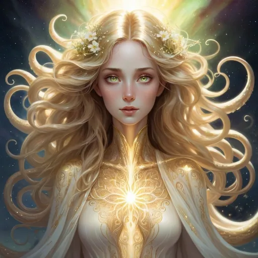 Prompt: a detailed depiction of a woman. Her skin radiating a soft, golden glow. Her form shifting and shimmering like the aurora borealis. Yet she is an eldritch being, tentacles and ever unknowable feature. Her features are delicate and ethereal, and her eyes shine with a wisdom that transcends mortal understanding. Her eyes shine with a warm, inviting light, and her hair cascades down like a waterfall of liquid sunlight. She wears flowing robes of shimmering white and gold, adorned with intricate patterns of celestial bodies and blooming flowers. Her presence is calming and reassuring, like standing in a sun-drenched meadow on a perfect spring day.