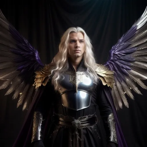 Prompt: Male Angel. Lucifer the fallen Angel Son of God.
Hair: Long, flowing, golden or platinum blonde, reaching shoulders, shining with light.
Eyes: Striking blue or deep silver, luminous and intense.
Face: Handsome, sharp features, high cheekbones, strong jawline, flawless complexion.
Build: Tall, athletic, muscular, well-proportioned.
Skin: Smooth, luminous, with an ethereal glow.
Wings: Large, majestic, iridescent feathers with dark veins, possibly scorched or tattered edges.
Armor/Robes: Intricately designed silver or golden armor with celestial motifs, or flowing robes in dark red, black, or deep purple, shimmering fabric.
Aura: Blending light and darkness, soft radiant glow with shadowy undertones.
Expression: Mix of arrogance, sadness, and defiance, deep sorrow and bitterness in eyes.
Stance: Regal and commanding, upright, proud, wings partially spread.