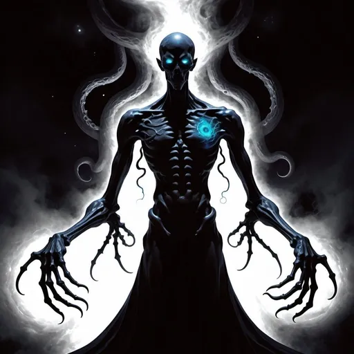 Prompt: a full body detailed description of a eldritch god that often appears as an immense, shifting silhouette against the backdrop of the cosmos, his form a fathomless void that seems to draw in and consume all surrounding light. At times, he coalesces into a vaguely humanoid shape, towering and imposing, yet his features remain shrouded in shadow, save for the countless, ringed burning eyes that pierce the darkness like miniature black holes, consume all light that dares to approach, leaving only an unsettling emptiness in their wake. His physical form is not static but rather a constantly shifting mass of darkness, occasionally resolving into clawed hands, bones,  fanged maws, roaming tendrils, and many long extended multi jointed arms, only to dissolve back into the amorphous void a moment later. more eldritch
