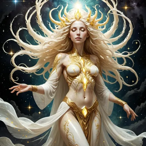 Prompt: Eloira, the Titan/God of Light, Good, and Life, is a being of radiant beauty and enigmatic allure, eldritch nature, in space, full body, Her skin shimmers with an iridescent sheen, and her eyes pools of liquid starlight, Her hair a cascade of shimmering silver and gold, flows and undulates as if imbued with a life of its own, each strand pure light. She wears flowing robes of shimmering white and gold, adorned with intricate patterns of celestial bodies and blooming flowers.