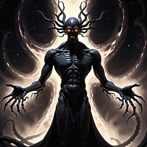 Prompt: a detailed description of a eldritch god that often appears as an immense, shifting silhouette against the backdrop of the cosmos, his form a fathomless void that seems to draw in and consume all surrounding light. At times, he coalesces into a vaguely humanoid shape, towering and imposing, yet his features remain shrouded in shadow, save for the countless, ringed burning eyes that pierce the darkness like miniature black holes, consume all light that dares to approach, leaving only an unsettling emptiness in their wake. His physical form is not static but rather a constantly shifting mass of darkness, occasionally resolving into clawed hands, bones,  fanged maws, roaming long thin tendrils, and many long extended multi jointed arms, only to dissolve back into the amorphous void a moment later. full body. dark. gooey.
