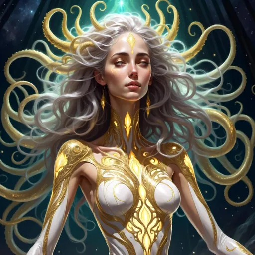 Prompt: <mymodel> a detailed depiction of Eloira, full body picture, an eldritch outer God/Titan of Light, Good, and Life, is a radiant being of enigmatic allure. Her laughter is like a chorus of wind chimes. Her form shifts between a humanoid shape wreathed in eldritch tendrils and a blinding radiance that illuminates the cosmos. Her skin shimmers like pearls, and her eyes, pools of liquid starlight, hold a depth of wisdom and compassion. Her hair, a cascade of silver and gold, flows and undulates as if imbued with a life of its own. Eloira's features are delicate, yet her strength and resilience speak to her role as a guardian of life and goodness.
