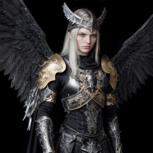 Prompt: dnd character. A male medieval angel with black heavy armor and a big anime-style black sword. Long, flowing, golden or platinum blonde hair with dark strands, shoulder-length, shining with light. Striking blue or deep silver eyes, luminous and intense. Handsome, sharp features, high cheekbones, strong jawline, flawless complexion. Tall, muscular, battle-hardened build. Smooth, luminous skin with scars. Large, iridescent wings with dark veins, scorched and tattered edges.

Black heavy armor with celestial motifs, silver and gold details. Menacing, skull-like helmet with angelic symbols. Black chestplate with celestial engravings and glowing symbols. Large shoulder plates with wing-like designs, gold and silver trims. Black gauntlets with runes and celestial patterns. Black leg guards with celestial motifs and protective spikes. Long, tattered dark cape with shimmering starlight.

Enormous dark metal sword with celestial engravings, glowing hilt with angelic wings, crossguard shaped like outspread wings. Aura blending light and darkness, radiant glow with shadowy undertones. Expression of arrogance, sadness, defiance, and determination, with ferocity. Regal and commanding stance, upright and proud, wings partially spread, sword ready for battle.