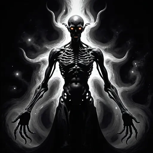 Prompt: a detailed description of a eldritch gooey god that often appears as an immense, shifting silhouette against the backdrop of the cosmos, his form a fathomless void that seems to draw in and consume all surrounding light. At times, he coalesces into a vaguely humanoid shape, towering and imposing, yet his features remain shrouded in shadow, save for the countless, ringed burning eyes that pierce the darkness like miniature black holes, consume all light that dares to approach, leaving only an unsettling emptiness in their wake. His physical form is not static but rather a constantly shifting mass of darkness, occasionally resolving into clawed hands, bones,  fanged maws, roaming long thin tendrils, and many long extended multi jointed arms, only to dissolve back into the amorphous void a moment later. full body. dark.
