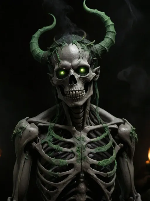 Prompt: an undead litch. green fire powers, skeleton, horns, green flame eyes, dead flesh hanging from face and arms, very dark, hints of green, 4k, high detail