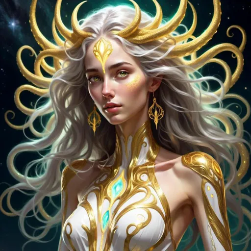 Prompt: <mymodel> a detailed depiction of Eloira, full body picture, all white skin, glowing golden parts of her body, an eldritch outer God/Titan of Light, Good, and Life, is a radiant being of enigmatic allure. Her laughter is like a chorus of wind chimes. Her form shifts between a humanoid shape wreathed in eldritch tendrils and a blinding radiance that illuminates the cosmos. Her skin shimmers like pearls, and her eyes, pools of liquid starlight, hold a depth of wisdom and compassion. Her hair, a cascade of silver and gold, flows and undulates as if imbued with a life of its own. Eloira's features are delicate, yet her strength and resilience speak to her role as a guardian of life and goodness.
