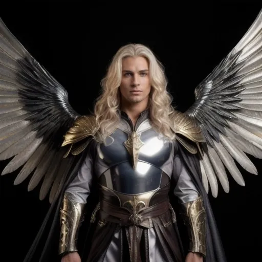 Prompt: Male Angel. Lucifer the fallen Angel Son of God.
Hair: Long, flowing, golden or platinum blonde, reaching shoulders, shining with light.
Eyes: Striking blue or deep silver, luminous and intense.
Face: Handsome, sharp features, high cheekbones, strong jawline, flawless complexion.
Build: Tall, athletic, muscular, well-proportioned.
Skin: Smooth, luminous, with an ethereal glow.
Wings: Large, majestic, iridescent feathers with dark veins, possibly scorched or tattered edges.
Armor/Robes: Intricately designed silver or golden armor with celestial motifs, or flowing robes in dark red, black, or deep purple, shimmering fabric.
Aura: Blending light and darkness, soft radiant glow with shadowy undertones.
Expression: Mix of arrogance, sadness, and defiance, deep sorrow and bitterness in eyes.
Stance: Regal and commanding, upright, proud, wings partially spread.