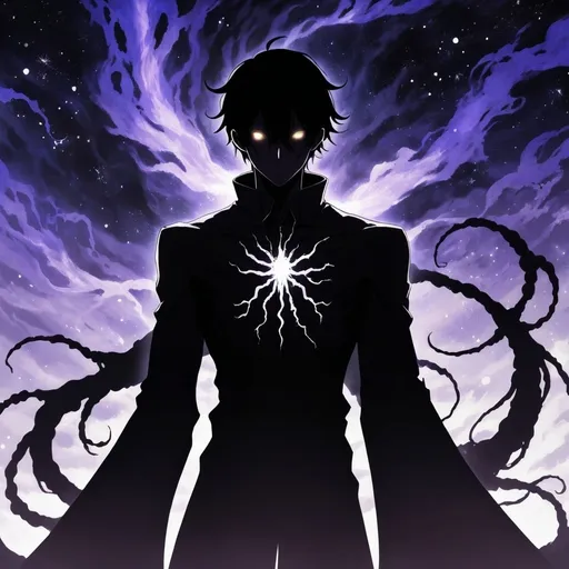 Prompt: 2d dark j horror anime style, Eldritch Titan named Keiran, anime scene. Keiran appears as a silhouette against a backdrop of swirling stars, his form composed of the deepest shadows, occasionally revealing glimpses of a humanoid figure within. His eyes gleam with an unholy light, like distant stars in a void, and his presence exudes an oppressive, chilling aura.