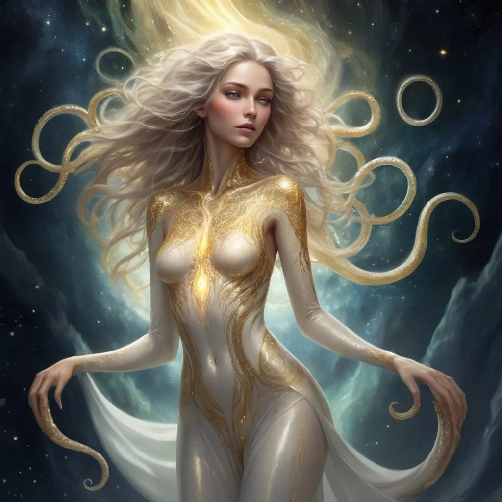 Prompt: a detailed depiction of a woman. Her skin radiating a soft, golden glow. Her form shifting and shimmering like the aurora borealis, yet she is an eldritch being, with tentacles and ever unknowable features, she has beauty and enigmatic allure, in space, full body picture, Her skin shimmers with a awakening white light, and her eyes are like pools of liquid starlight, Her hair a cascade of shimmering silver and gold, flows and undulates as if imbued with a life of its own, each strand pure light. She wears flowing robes of shimmering white and gold, adorned with intricate patterns of celestial bodies. 