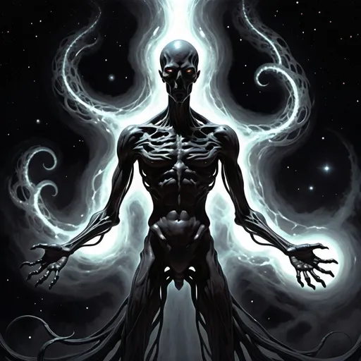 Prompt: a full body detailed description of a eldritch god in space that often appears as an immense, shifting silhouette against the backdrop of the cosmos, his form a fathomless void that seems to draw in and consume all surrounding light. At times, he coalesces into a vaguely humanoid shape, towering and imposing, yet his features remain shrouded in shadow, save for the countless, burning eyes that pierce the darkness like miniature black holes, consume all light that dares to approach, leaving only an unsettling emptiness in their wake. His physical form is not static but rather a constantly shifting mass of darkness, occasionally resolving into clawed hands, bones,  fanged maws, roaming tendrils, and many long extended multi jointed arms, only to dissolve back into the amorphous void a moment later. 
