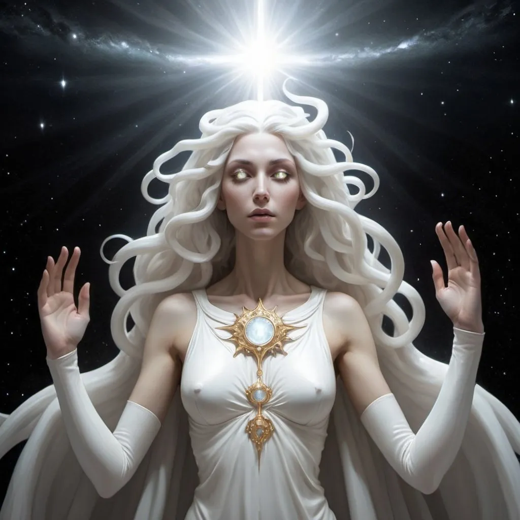 Prompt: white eldritch female god of hope, goodness, and light radiating holy light in space