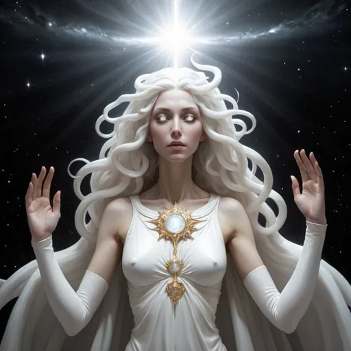 Prompt: white eldritch female god of hope, goodness, and light radiating holy light in space