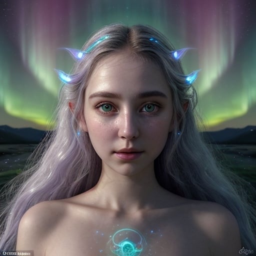 Prompt: Eloira is a being of pure light, her form shifting and shimmering like the aurora borealis. Her features are delicate and ethereal, and her eyes shine with a wisdom that transcends mortal understanding.