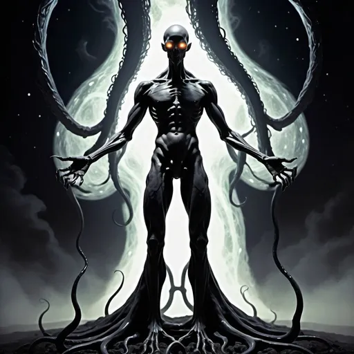 Prompt: a full body detailed description of a eldritch god that often appears as an immense, shifting silhouette against the backdrop of the cosmos, his form a fathomless void that seems to draw in and consume all surrounding light. At times, he coalesces into a vaguely humanoid shape, towering and imposing, yet his features remain shrouded in shadow, save for the countless, ringed burning eyes that pierce the darkness like miniature black holes, consume all light that dares to approach, leaving only an unsettling emptiness in their wake. His physical form is not static but rather a constantly shifting mass of darkness, occasionally resolving into clawed hands, bones,  fanged maws, roaming tendrils, and many long extended multi jointed arms, only to dissolve back into the amorphous void a moment later. more eldritch goo
