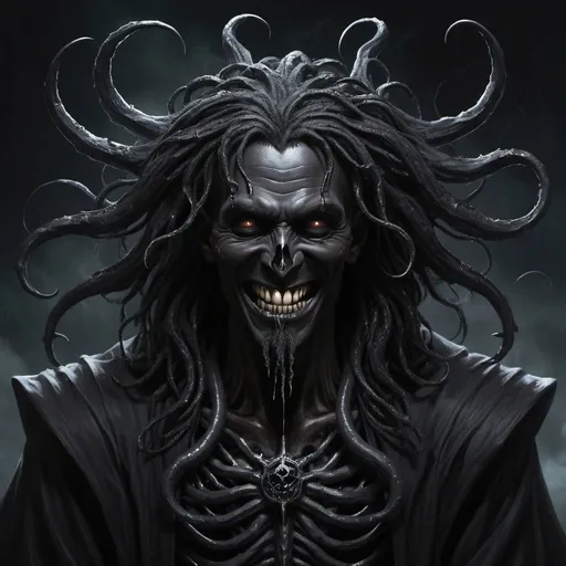 Prompt: black eldritch male god of death, evil, and darkness, lots tendrils, smile, black hole, hurting people