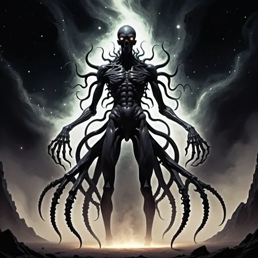 Prompt: a full body detailed description of a eldritch god that often appears as an immense, shifting silhouette against the backdrop of the cosmos, his form a fathomless void that seems to draw in and consume all surrounding light. At times, he coalesces into a vaguely humanoid shape, towering and imposing, yet his features remain shrouded in shadow, save for the countless, ringed burning eyes that pierce the darkness like miniature black holes, consume all light that dares to approach, leaving only an unsettling emptiness in their wake. His physical form is not static but rather a constantly shifting mass of darkness, occasionally resolving into clawed hands, bones,  fanged maws, roaming tendrils, and many long extended multi jointed arms, only to dissolve back into the amorphous void a moment later. more eldritch goo
