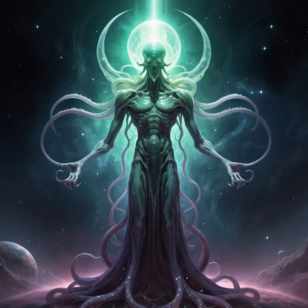 Prompt: translucent eldritch god of space. vast, eternal, empty, huge. in space