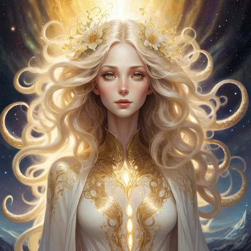 Prompt: a detailed depiction of a woman. Her skin radiating a soft, golden glow. Her form shifting and shimmering like the aurora borealis. Yet she is an eldritch being, tentacles and ever unknowable feature. Her features are delicate and ethereal, and her eyes shine with a wisdom that transcends mortal understanding. Her eyes shine with a warm, inviting light, and her hair cascades down like a waterfall of liquid sunlight. She wears flowing robes of shimmering white and gold, adorned with intricate patterns of celestial bodies and blooming flowers. Her presence is calming and reassuring, like standing in a sun-drenched meadow on a perfect spring day. full body, in space, happy
