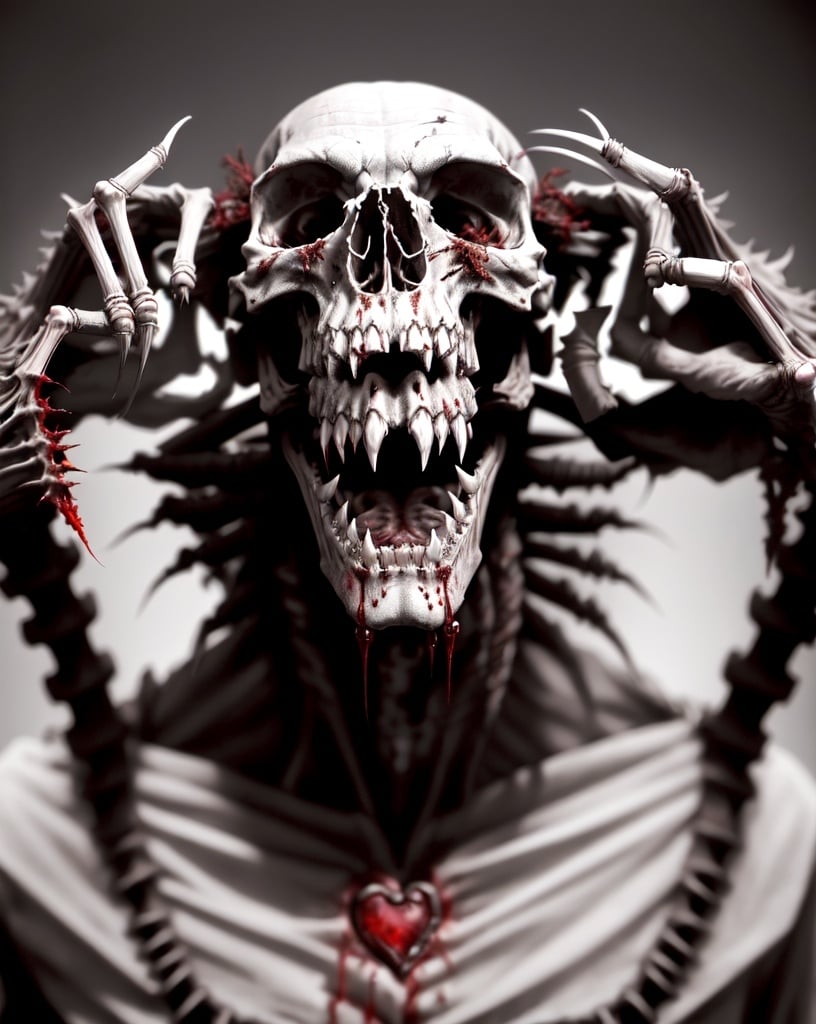 Prompt: high resolution, 4k, detailed depiction of a man, it appears as a tall, emaciated human-like creature with pale, grimy skin. Its face features deep-set, hollow eyes, a grotesque wide grin, and jagged teeth, with a missing or skeletal nose. Dressed in tattered rags, its most disturbing feature is its visible, beating, rotting heart exposed through a forcibly opened chest cavity. With long, skeletal fingers and sharp claws, blood, flesh chunks, savagery, brutal, victory, screaming